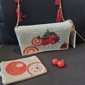 Viral Tomato beaded bag w/gold chain strap, Coin Purse, & Bag Charm Bundle. NWT